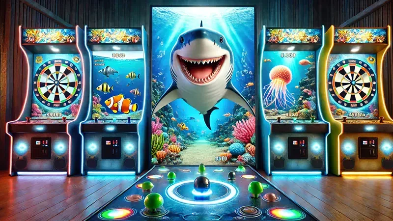 Tampilan aksi tembak ikan dengan target bawah laut berwarna-warni